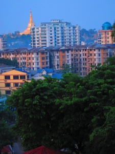 The 5am view from our apartment in Yangon.  Shwedagon Pagoda in the background.